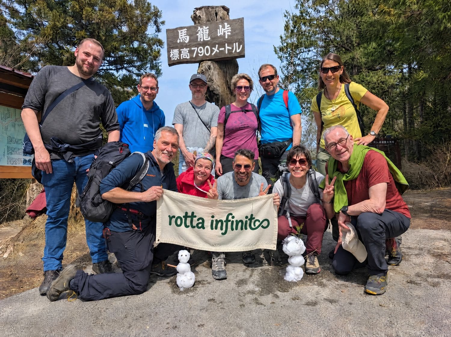 Il gruppo al passo di Magome a 790 metri, con pupazzi di neve e lo striscione